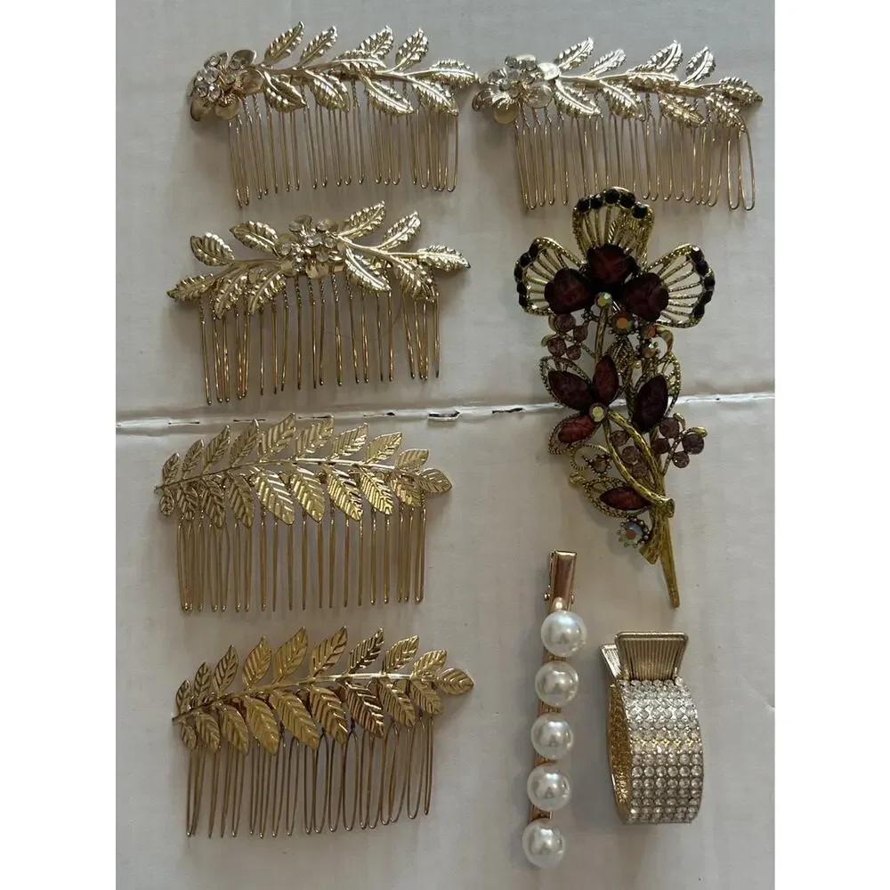 Lot of 8 Gold Tone Faux Pear‎ Rhinestones Assorted Hair Clips EUC